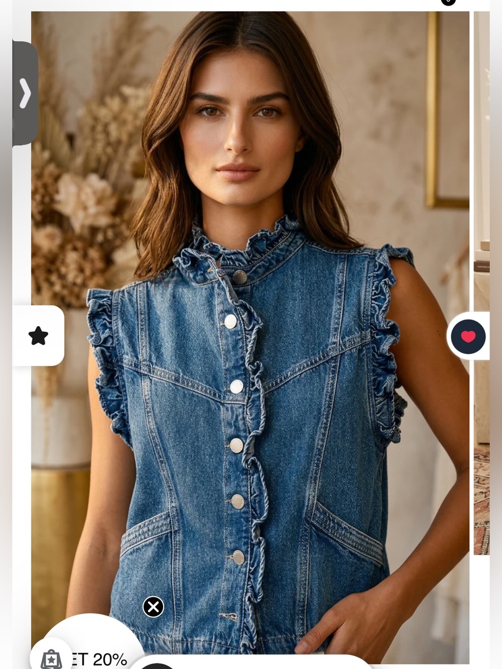 Anthropologie Miou Muse Sleeveless Ruffle-Trim Denim Blue Jean Vest Size L